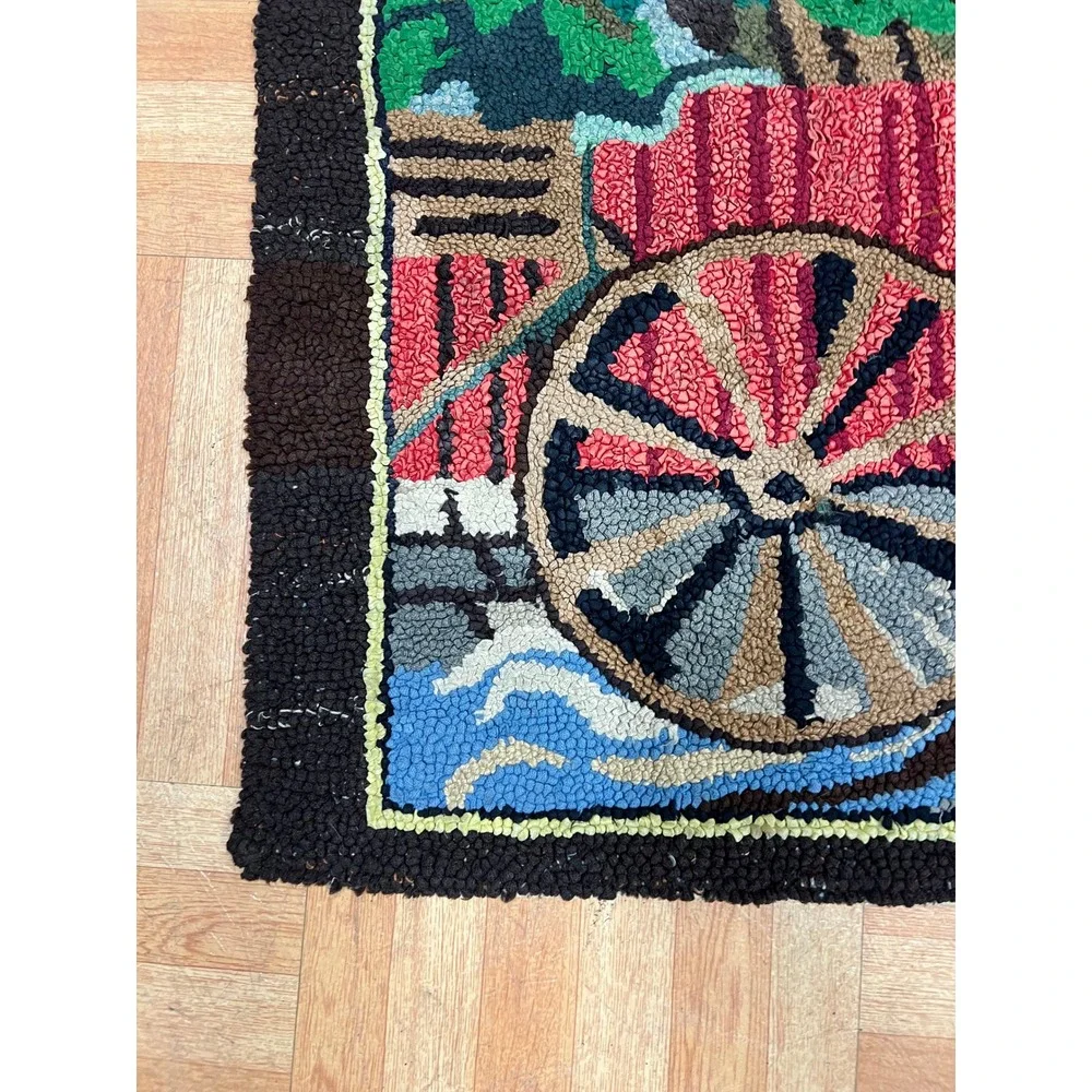 Vintage Latch Hook Rug Country Water Mill Scene Tapestry Cottage Farmhouse Decor